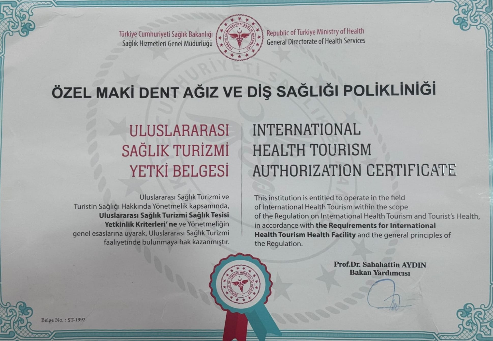 Our Health Tourism Authorization Certificate